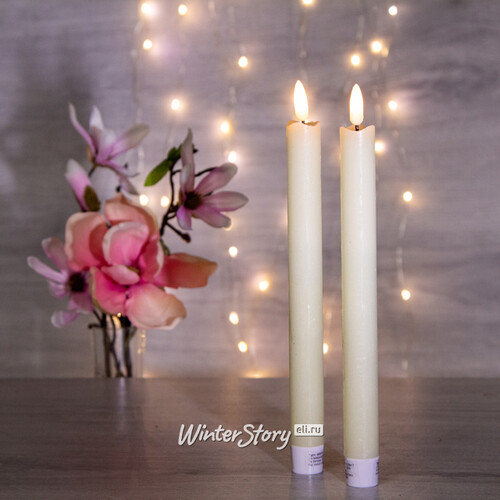 Столовая светодиодная свеча с имитацией пламени Стелла 24 см 2 шт кремовая, батарейка Kaemingk