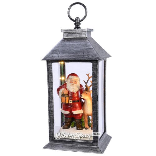 Светильник фонарь с композицией Уютное Рождество: Санта с оленем 33 см, 10 теплых белых LED ламп, батарейки Kaemingk