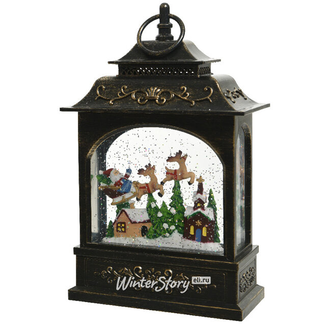 Новогодний фонарь - снежный шар Эльзас с летящим Сантой 28*18 см на батарейках Kaemingk