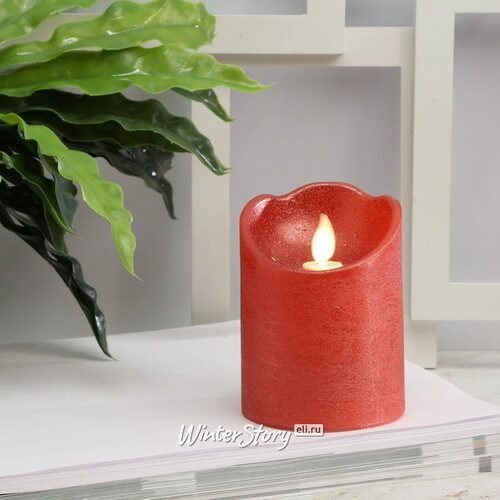 Светодиодная свеча Живое Пламя 10 см красная восковая на батарейках, таймер Kaemingk