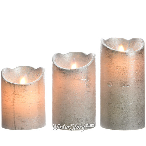 Набор восковых светодиодных свечей Живое Пламя 3 шт серебряный на батарейках, таймер Kaemingk