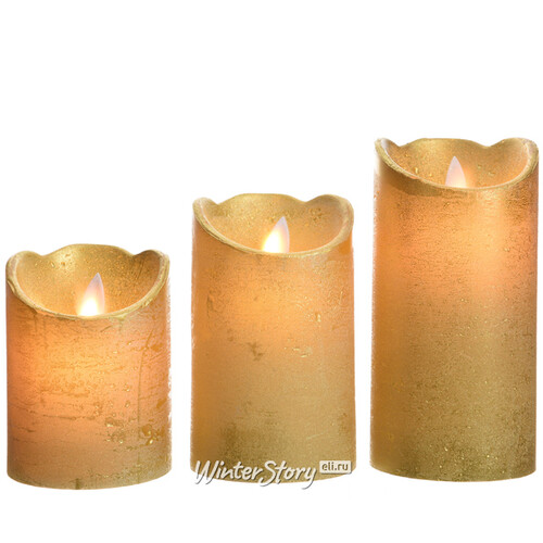 Набор восковых светодиодных свечей Живое Пламя 3 шт золотой на батарейках, таймер Kaemingk