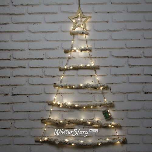 Настенная елка из палок Woodmere 90 см, 90 теплых белых мини LED ламп, на батарейках Kaemingk