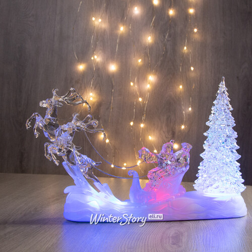 Светящаяся композиция Санта в ледяных санях 31 см с RGB подсветкой, на батарейках Kaemingk