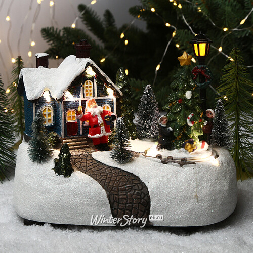 Новогодняя композиция Санта и дети в канун Рождества 19*13 см с LED подсветкой и движением, батарейки Kaemingk