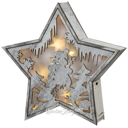 Новогодний светильник Звезда со снеговиком 23*24 см на батарейках, 6 LED ламп Kaemingk