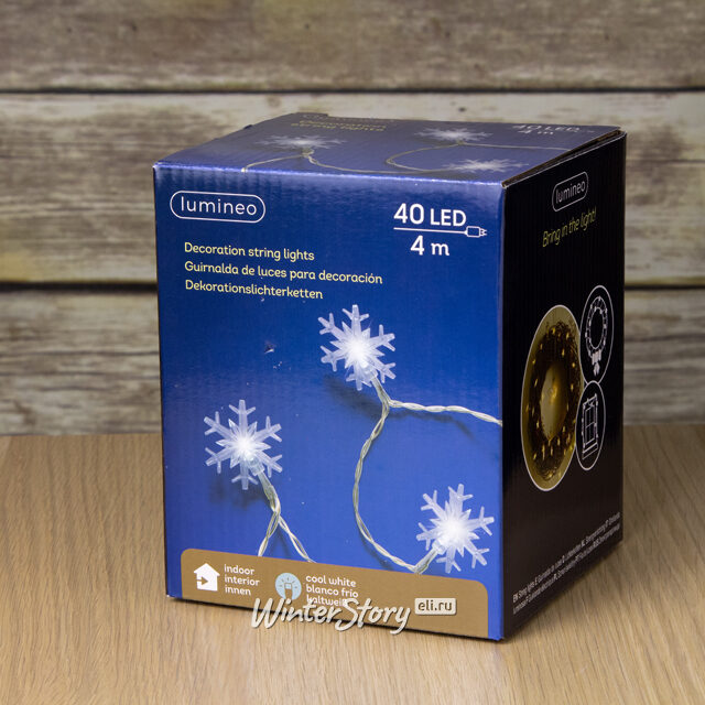 Светодиодная гирлянда Снежинки 4 м, 40 холодных белых LED ламп, прозрачный ПВХ, IP20 Kaemingk