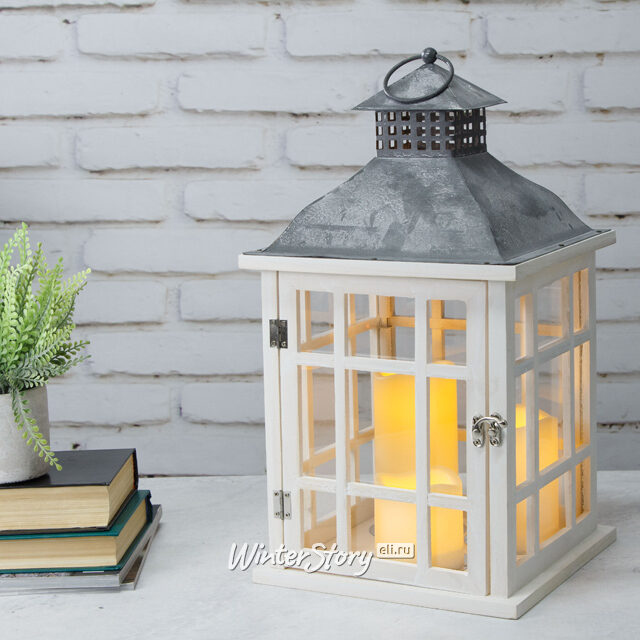 Деревянный фонарь Вудланд со светодиодными свечами 42*24 см белый, на батарейках Kaemingk (Кейминг)