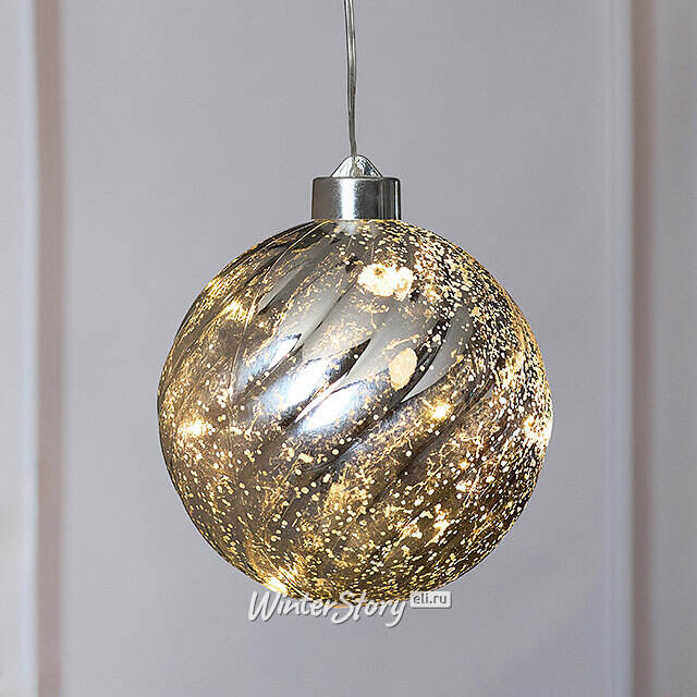 Светящийся елочный шар Эвелин 12 см серебряный, 5 теплых белых LED ламп, на батарейках Kaemingk