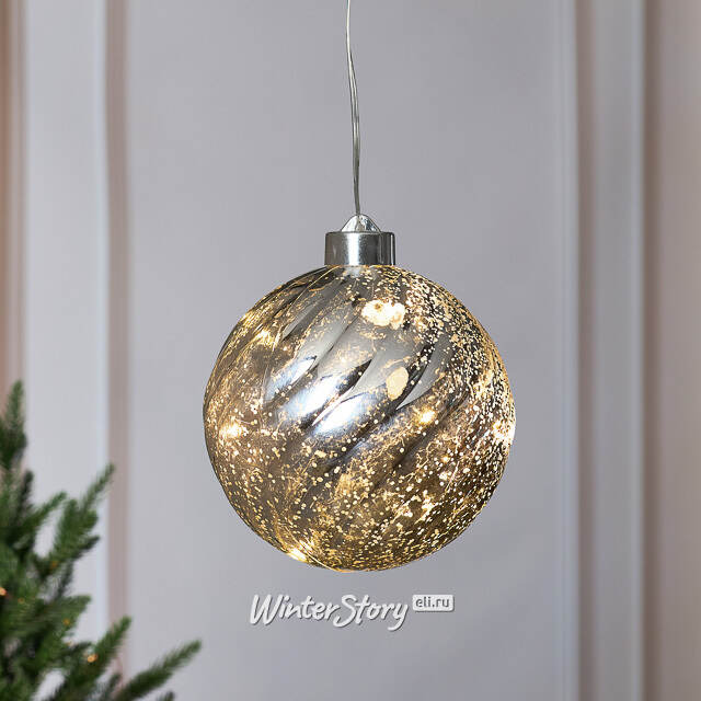 Светящийся елочный шар Эвелин 12 см серебряный, 5 теплых белых LED ламп, на батарейках Kaemingk