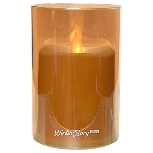 Светодиодная свеча с живым пламенем Одри 13 см в золотом стакане, на батарейках Kaemingk