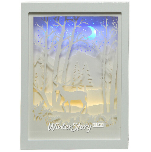 Новогодний светильник диорама Белоснежный Олень в лесу 22*30 см на батарейках, 16 LED ламп Kaemingk