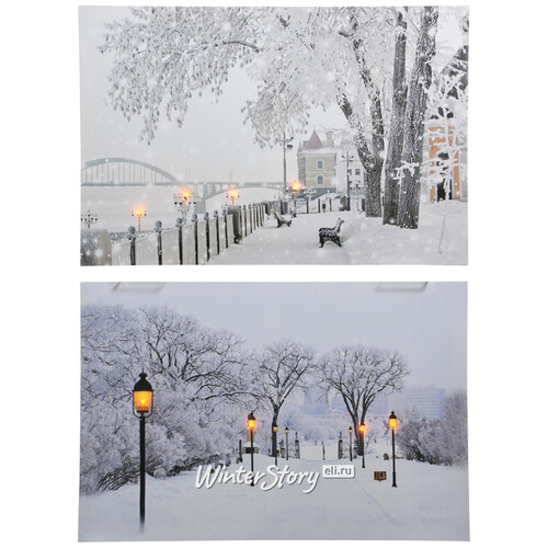 Светодиодная картина Зимняя набережная 60*40 см с оптоволоконной и LED подсветкой, на батарейках Kaemingk
