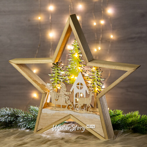 Новогодний светильник Звезда - Санта-Клаус в Санях 38 см на батарейках, 10 мини LED ламп Kaemingk