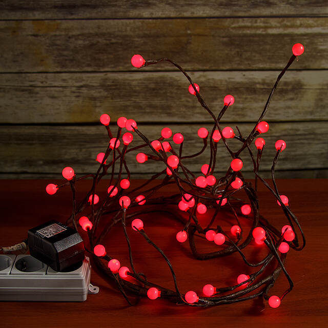 Ветка - лиана Вишенки, 150 см, 64 КРАСНЫЕ LED лампы, маленькие мультишарики Kaemingk
