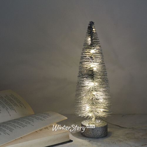 Декоративная светящаяся елочка Chelsea Silver 26 см, 15 теплых белых мини LED ламп, на батарейках Kaemingk