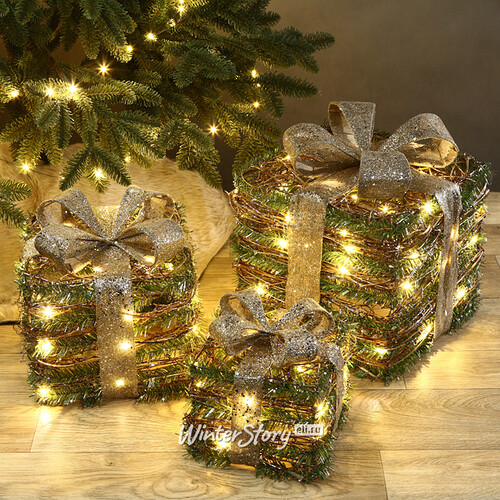 Светящиеся подарки под елку Happy Greenely 15-30 см, 3 шт, 40 теплых белых LED ламп, на батарейка, IP20 Kaemingk