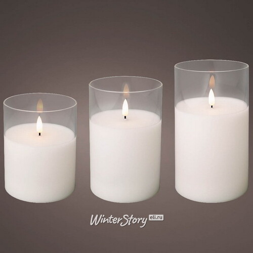 Набор светодиодных свечей с имитацией пламени Одри: White 13-17 см, 3 шт на батарейках, таймер Kaemingk