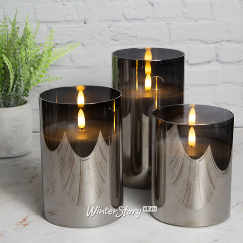 Набор светодиодных свечей с имитацией пламени Одри: Grey 13-17 см, 3 шт на батарейках, таймер Kaemingk