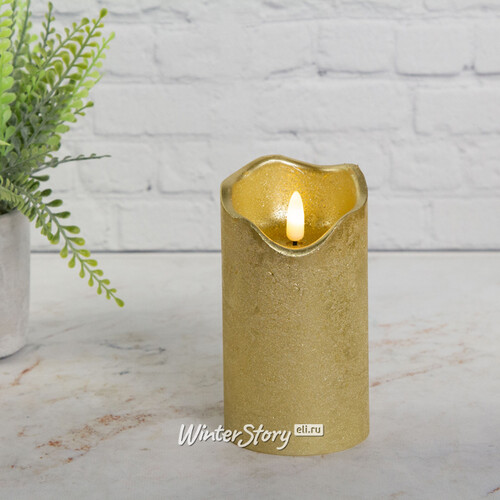 Светодиодная свеча с имитацией пламени Стелла 13 см золотая восковая, на батарейках, таймер Kaemingk