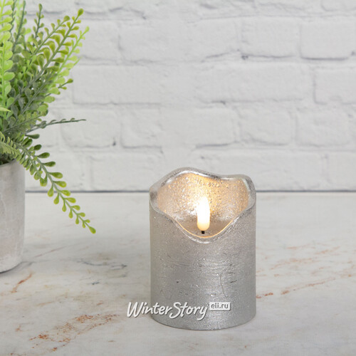 Светодиодная свеча с имитацией пламени Стелла 9 см серебряная восковая, на батарейках, таймер Kaemingk