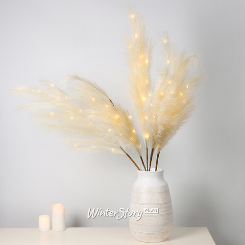 Светящаяся ветка для декора Ivory Plume 118 см, теплые белые LED лампы, на батарейках Kaemingk