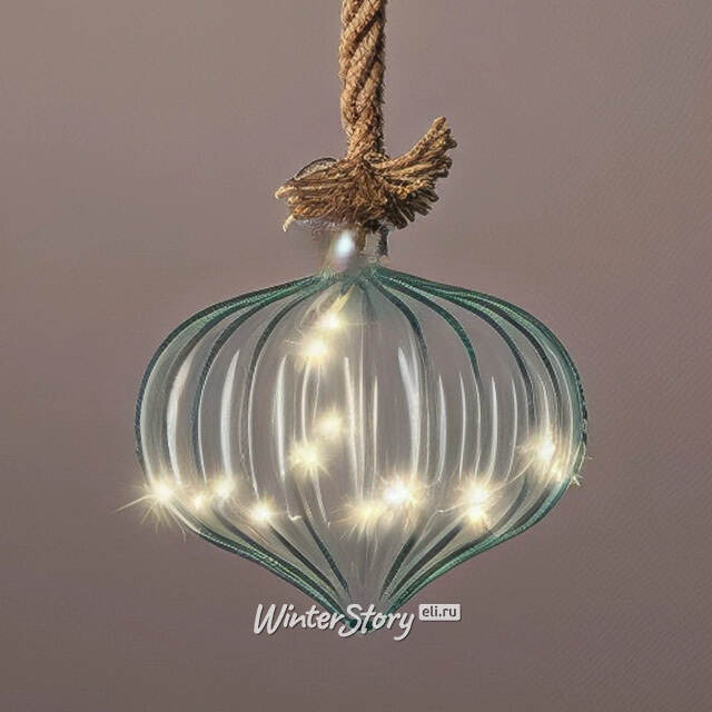 Подвесной светильник на канате Луковка Мятная 21*20 см, 15 микро LED ламп, таймер, на батарейках, стекло  Kaemingk