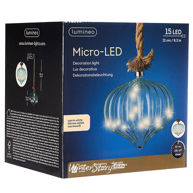 Подвесной светильник на канате Луковка Мятная 21*20 см, 15 микро LED ламп, таймер, на батарейках, стекло  Kaemingk