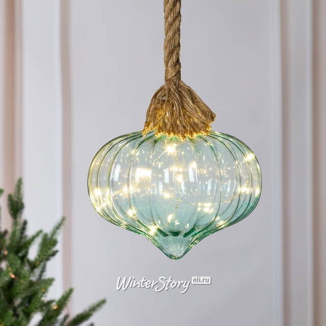 Подвесной светильник на канате Луковка Мятная 21*20 см, 15 микро LED ламп, таймер, на батарейках, стекло  Kaemingk