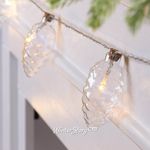 Светодиодная гирлянда Шишки - Cristal Perfecto 1.75 м, 8 теплых белых LED ламп, прозрачный ПВХ, на батарейках, IP20 Kaemingk