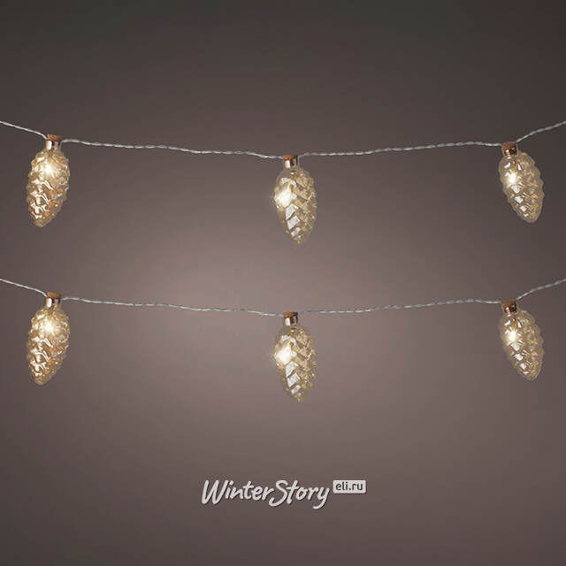 Светодиодная гирлянда Шишки - Gold Perfecto 1.75 м, 8 теплых белых LED ламп, прозрачный ПВХ, на батарейках, IP20 Kaemingk