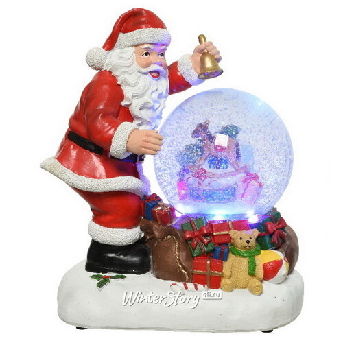 Новогодняя фигурка с снежным шаром Santa & Presents 25 см, с подсветкой и музыкой, на батарейках Kaemingk