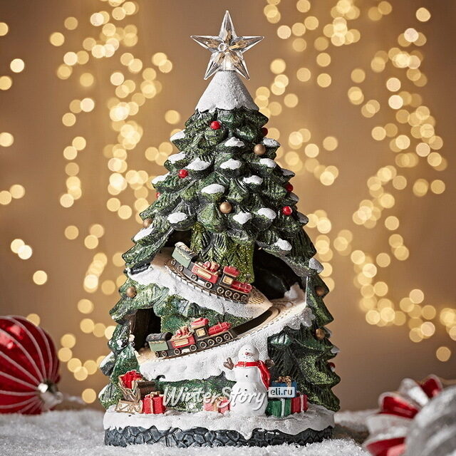 Светящаяся новогодняя композиция Нарядная елочка 38 см с движущимся поездом Kaemingk