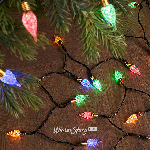 Светодиодная гирлянда на батарейках Vintage lights 4.9 м, 50 разноцветных LED ламп, зеленый ПВХ, контроллер, таймер Kaemingk