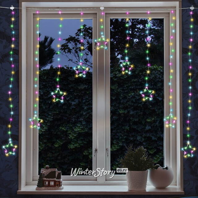 Гирлянда бахрома Звездочки 1.2*1.2 м, 224 Soft Multi микро LED ламп, серебряный провод, контроллер, таймер, IP44 Kaemingk (Кейминг)