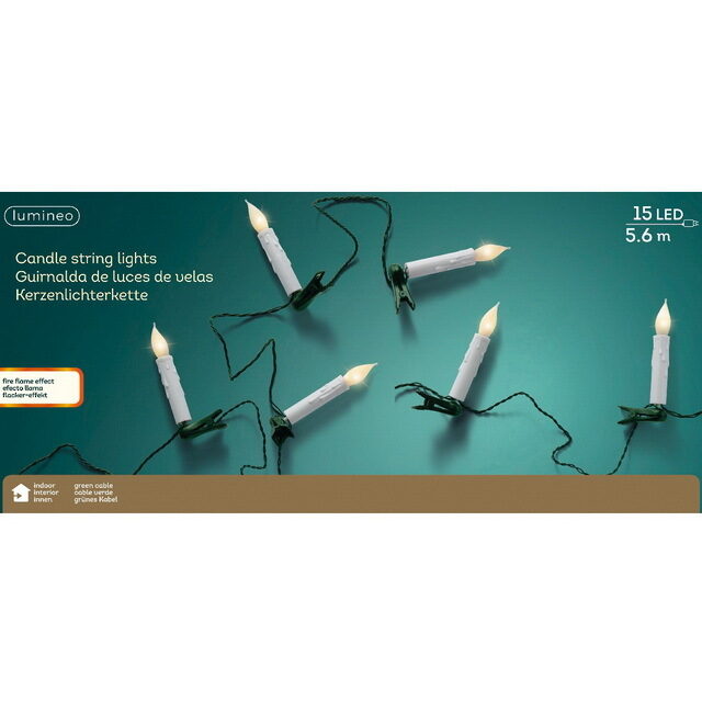 Гирлянда Свечи Serenity, 15 ламп на клипсах 5.6 м, зеленый ПВХ, IP20 Kaemingk