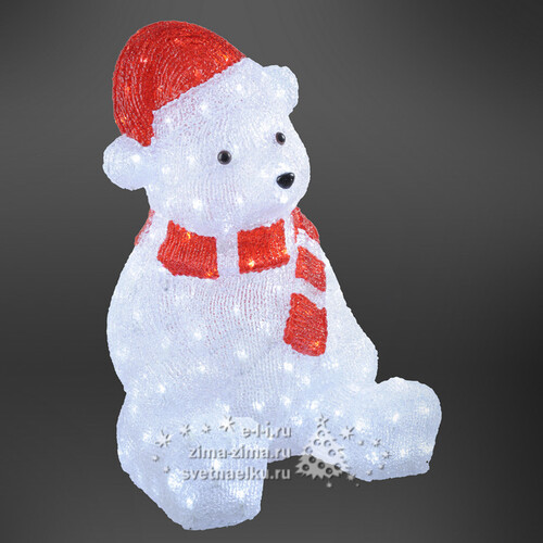 Медведь белый в красном колпаке и шарфе светящийся, 40 см, 80 LED ламп, IP44 Kaemingk