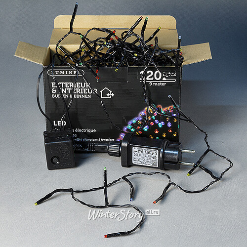 Светодиодная гирлянда нить Объемная 120 разноцветных LED ламп 9 м, черный ПВХ, контроллер, IP44 Kaemingk