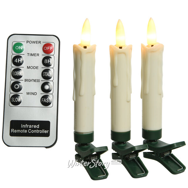 Свечи на елку Живое Пламя на пульте, 10 свечей на клипсах, 11 см Kaemingk