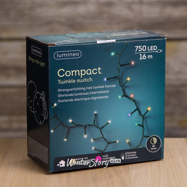 Светодиодная гирлянда нить Lumineo Snake 16 м, 750 теплых белых/разноцветных LED ламп, зеленый ПВХ, контроллер, таймер, IP44 Kaemingk