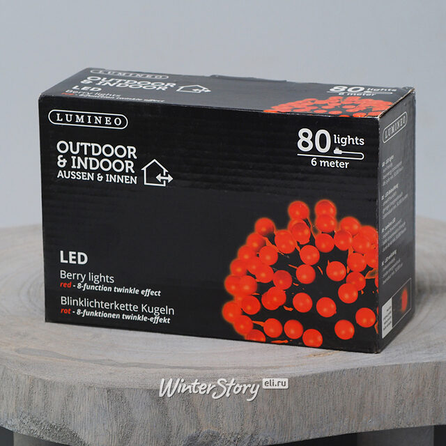 Светодиодная гирлянда Маленькие Шарики Вишенки 80 красных LED ламп 6 м, черный ПВХ, контроллер, IP44 Kaemingk