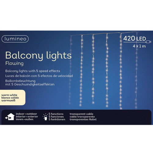 Светодиодная гирлянда бахрома Balcony Waterfall 4*1 м, 420 теплых белых LED ламп, контроллер, прозрачный ПВХ, IP44 Kaemingk