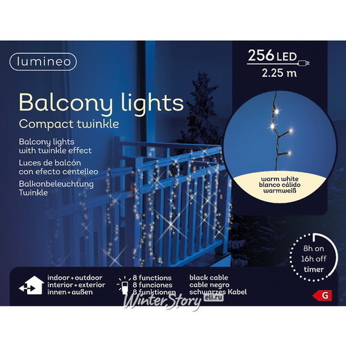 Светодиодная гирлянда Бахрома Balcony Twinkle 2.25*0.8 м, 256 теплых белых LED ламп, контроллер, черный ПВХ, IP44 Kaemingk