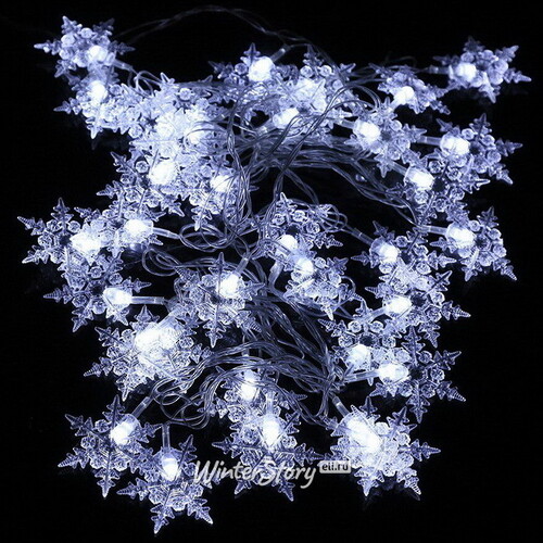 Светодиодная гирлянда Снежинки 4.6 м, 24 холодных белых LED лампы, прозрачный ПВХ, контроллер, IP44 Kaemingk