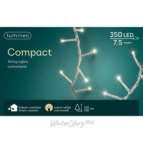 Светодиодная гирлянда нить Lumineo Snake 7.5 м, 350 теплых белых LED ламп, прозрачный ПВХ, диммер, таймер, IP44 Kaemingk