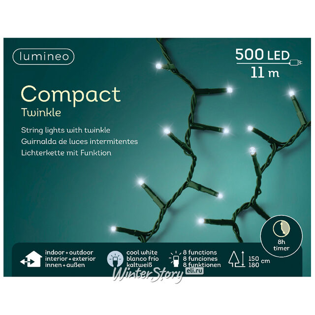 Светодиодная гирлянда нить Lumineo Snake 11 м, 500 холодных белых LED ламп, зеленый ПВХ, контроллер, IP44 Kaemingk