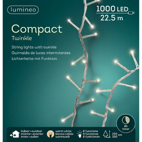 Светодиодная гирлянда нить Lumineo Snake 22.5 м, 1000 теплых белых LED ламп, прозрачный ПВХ, контроллер, таймер, IP44 Kaemingk