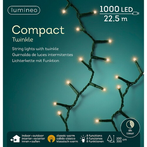 Светодиодная гирлянда нить Lumineo Snake 22.5 м, 1000 экстра теплых белых LED ламп, зеленый ПВХ, контроллер, IP44 Kaemingk