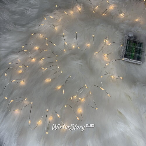 Светодиодная гирлянда Роса на батарейках 4.95 м, 100 теплых белых/разноцветных LED, серебряная проволока, контроллер, IP44 Kaemingk
