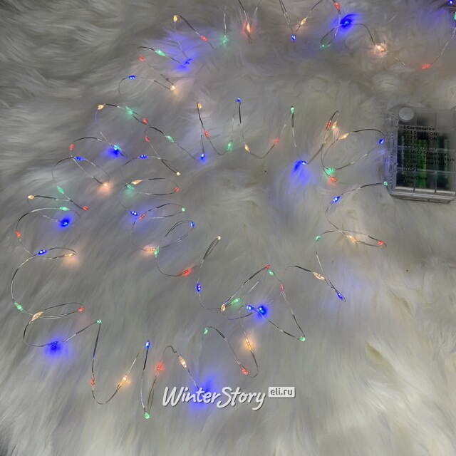 Светодиодная гирлянда Роса на батарейках 4.95 м, 100 теплых белых/разноцветных LED, серебряная проволока, контроллер, IP44 Kaemingk